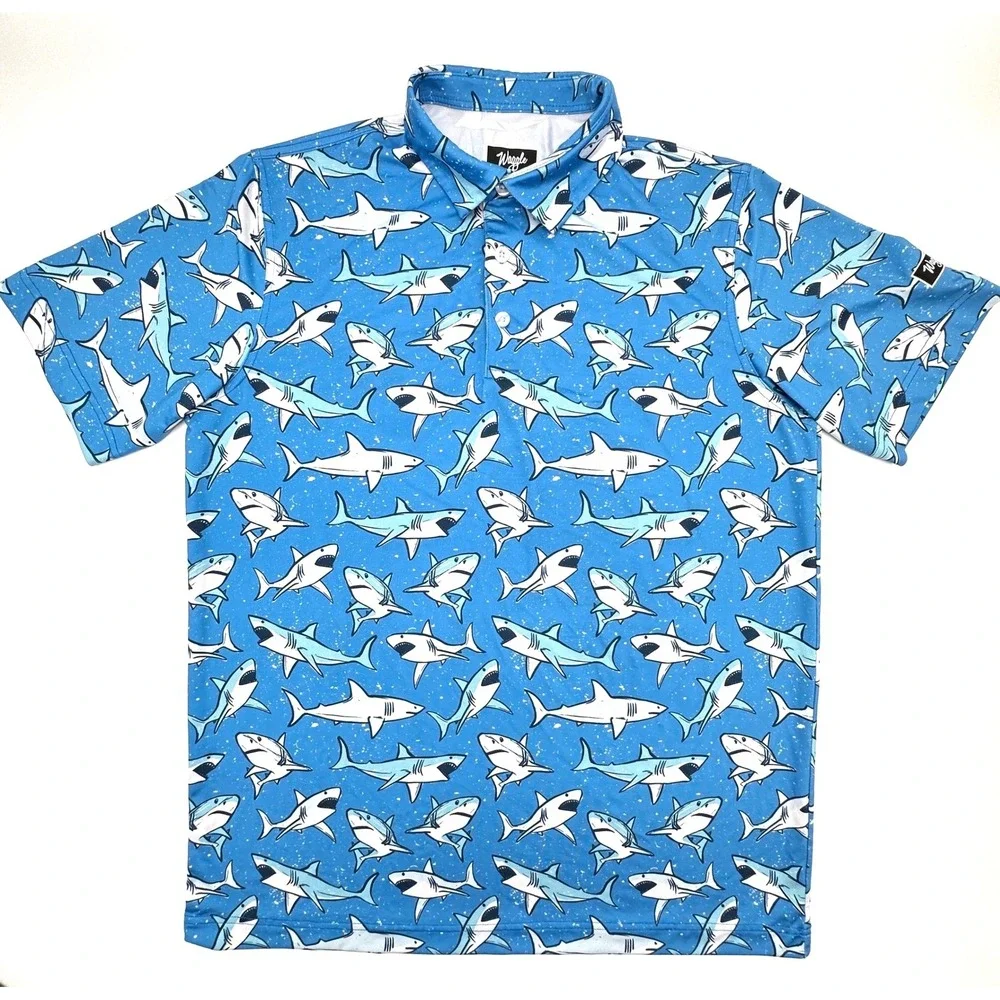 Waggle Golf Polo Shirt Mens Large Blue Shark Attack Short Sleeve Performance - Picture 2 of 10